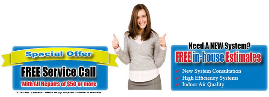 a girl smiling with thumbs up for free ac service calls with repairs and free in house estimates for new ac systems ad